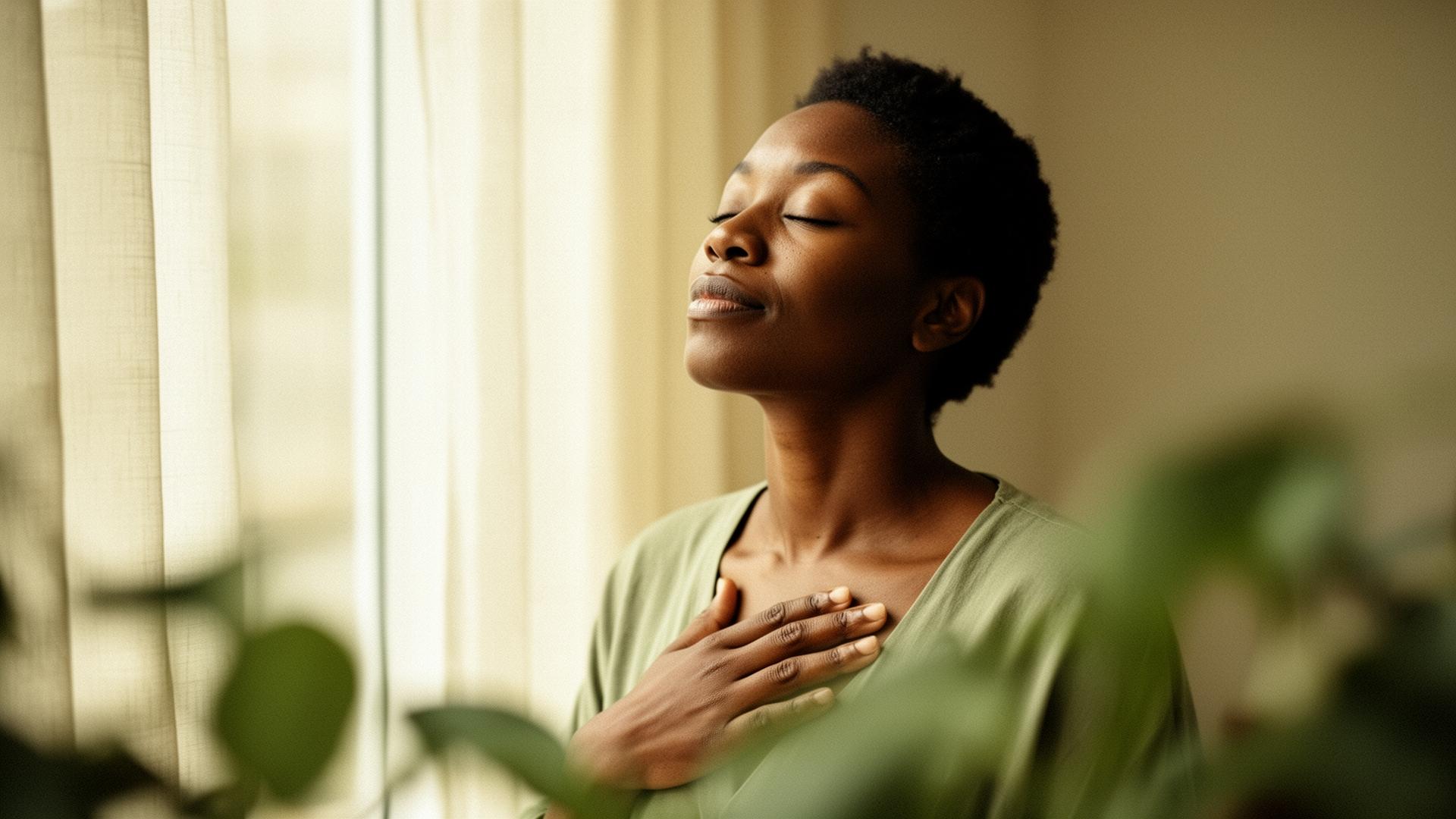 Woman breathing peacefully in soft window light during an online therapy session in New York